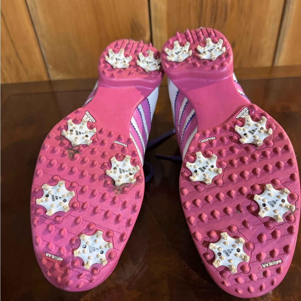 Adidas White Pink and Purple Stripe Golf Shoes - Picture 3 of 5